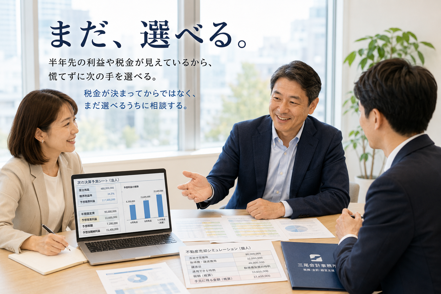 半年先の利益や税金を予測し、まだ選択肢がある段階で次の経営判断を検討する様子