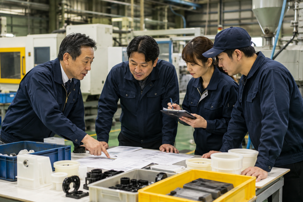 樹脂加工工場で製造工程と資料を確認しながら業務改善について話し合う社長と社員