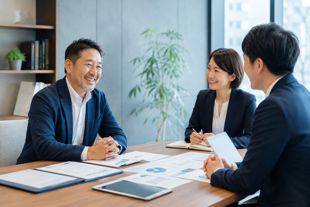 経営相談を受け、専門家と今後の経営方針について話し合い安心した表情を見せる中小企業経営者